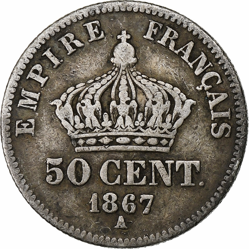 France, Napoleon III, 50 Centimes, 1867, Paris, Silver, VF(20-25), Gadoury:417