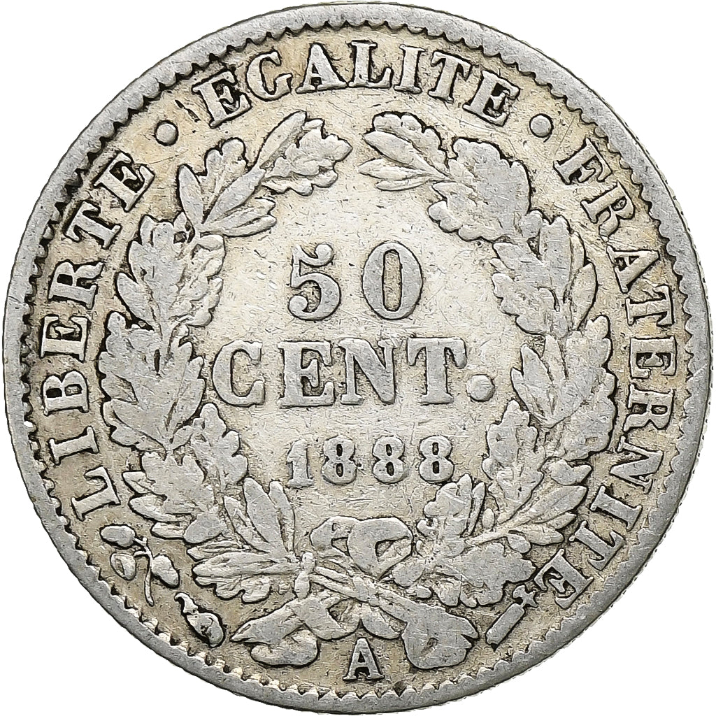 France, 50 Centimes, Cérès, 1888, Paris, Silver, VF(30-35), Gadoury:419a