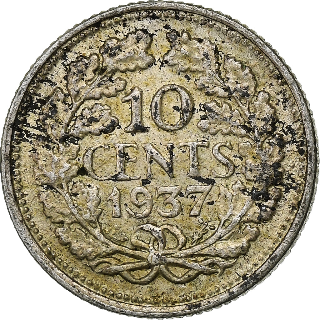 Moneta, Paesi Bassi, Wilhelmina I, 10 Cents, 1937, BB, Argento, KM:163