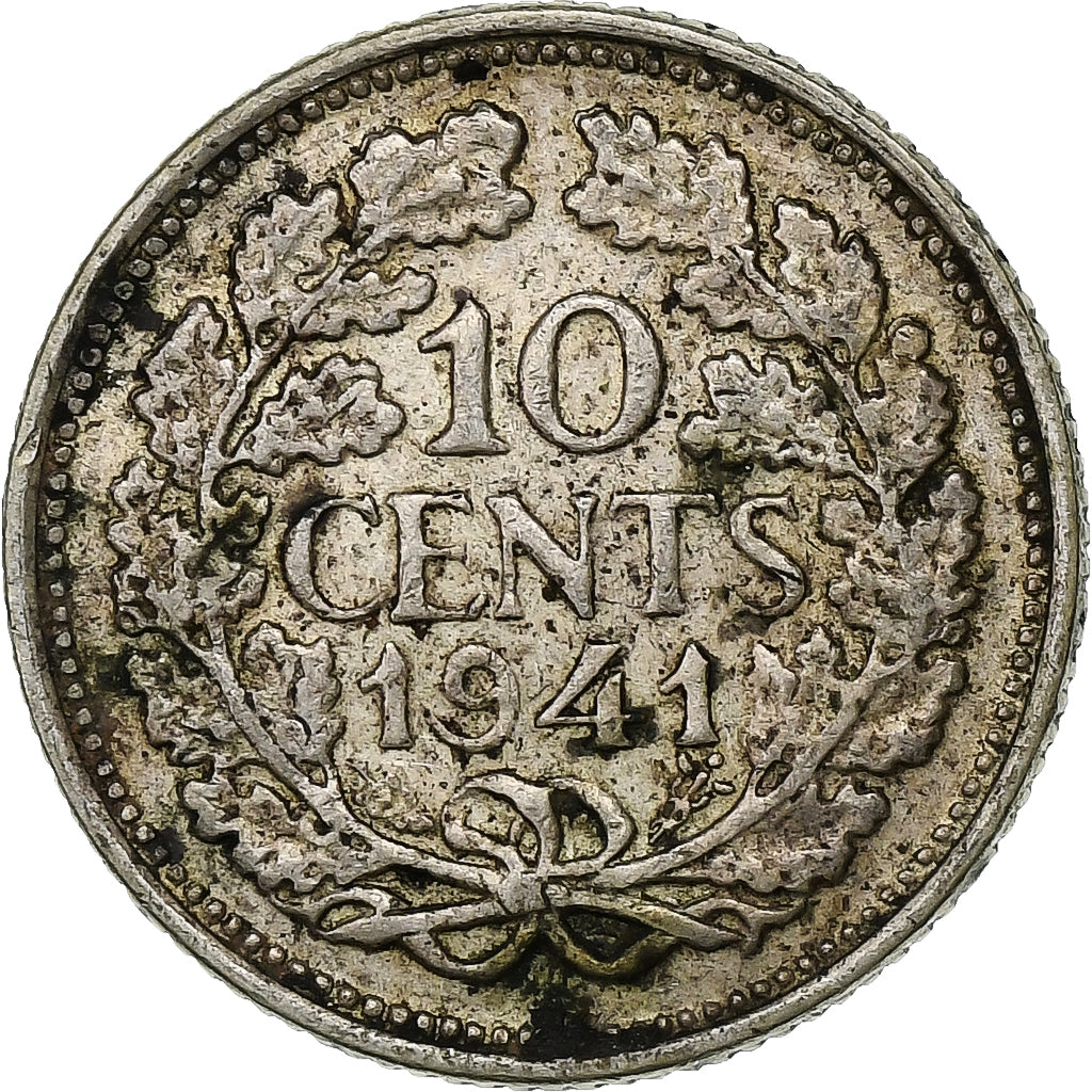 Holandia, Wilhelmina I, 10 Cents, 1941, Srebro, VF(30-35), KM:163