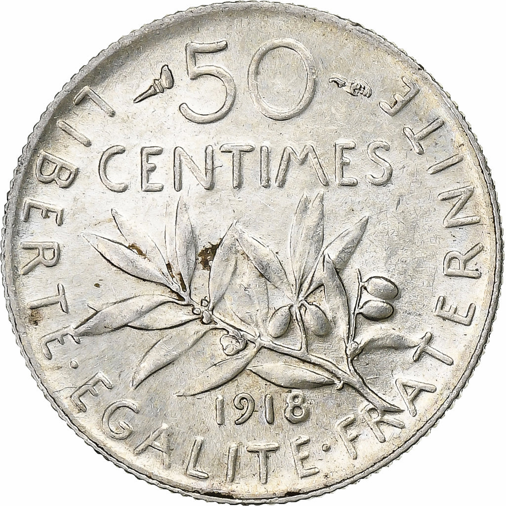 France, 50 Centimes, Semeuse, 1918, Paris, Silver, AU(50-53), KM:854