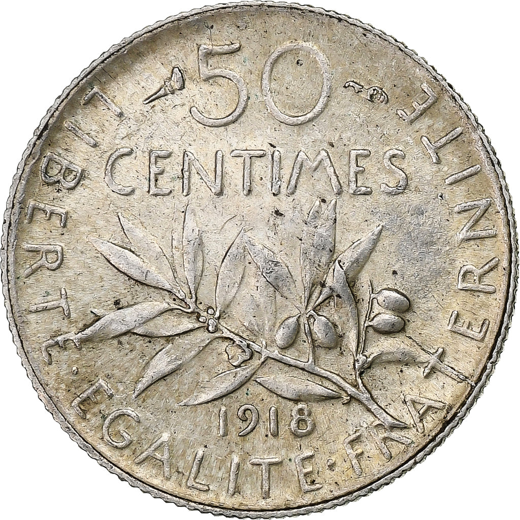France, 50 Centimes, Semeuse, 1918, Paris, Silver, AU(55-58), KM:854