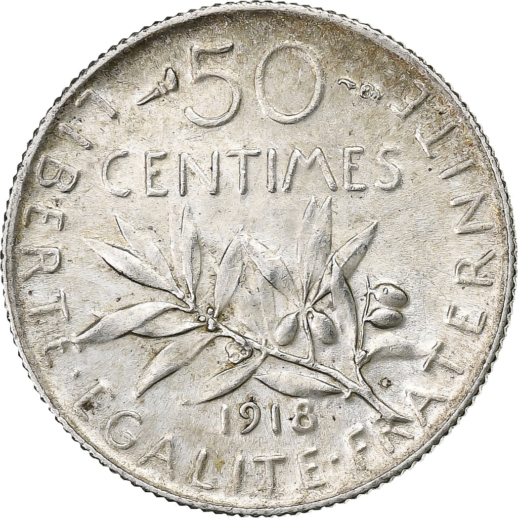 France, 50 Centimes, Semeuse, 1918, Paris, Silver, MS(60-62), KM:854
