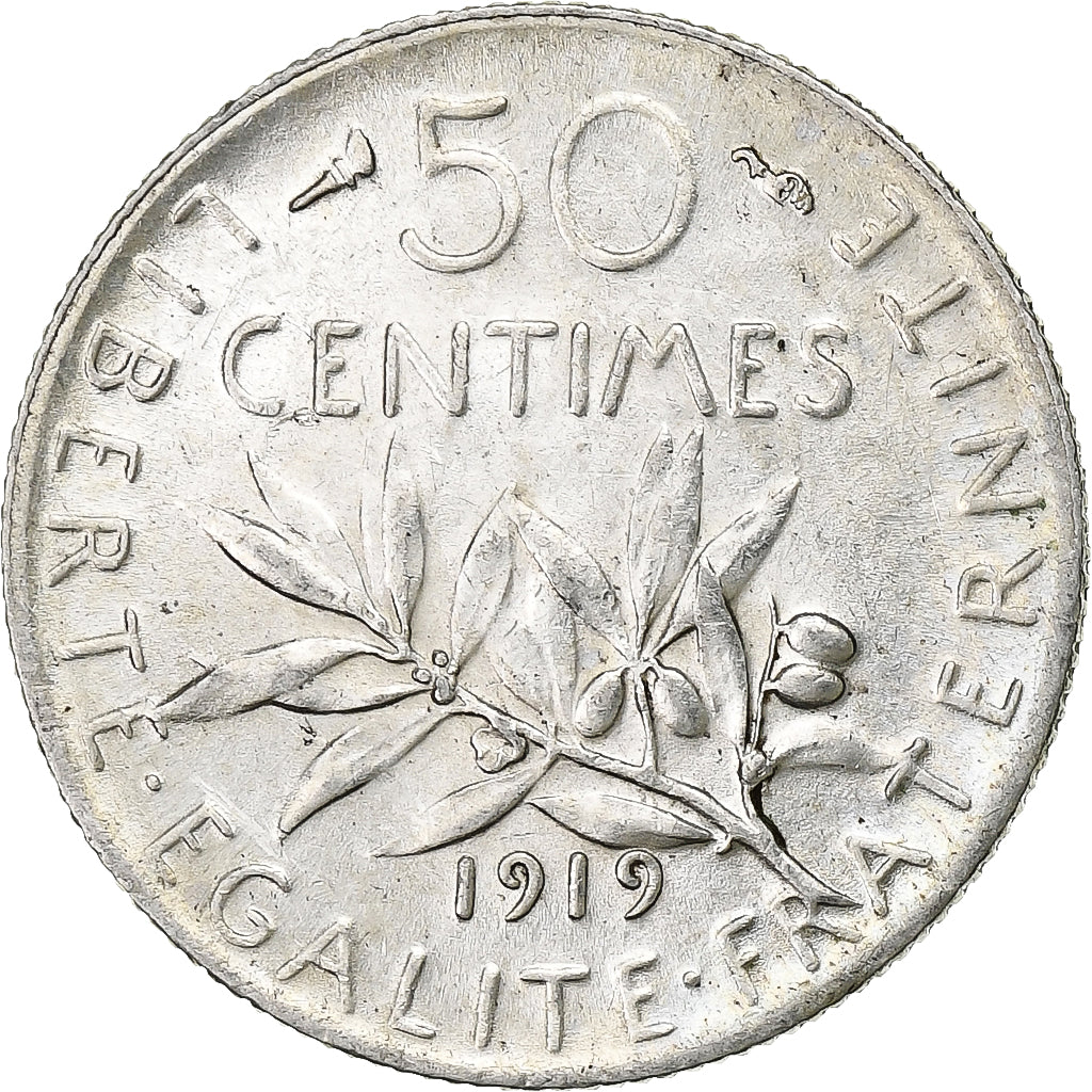 Coin, France, Semeuse, 50 Centimes, 1919, Paris, AU(50-53), Silver, KM:854