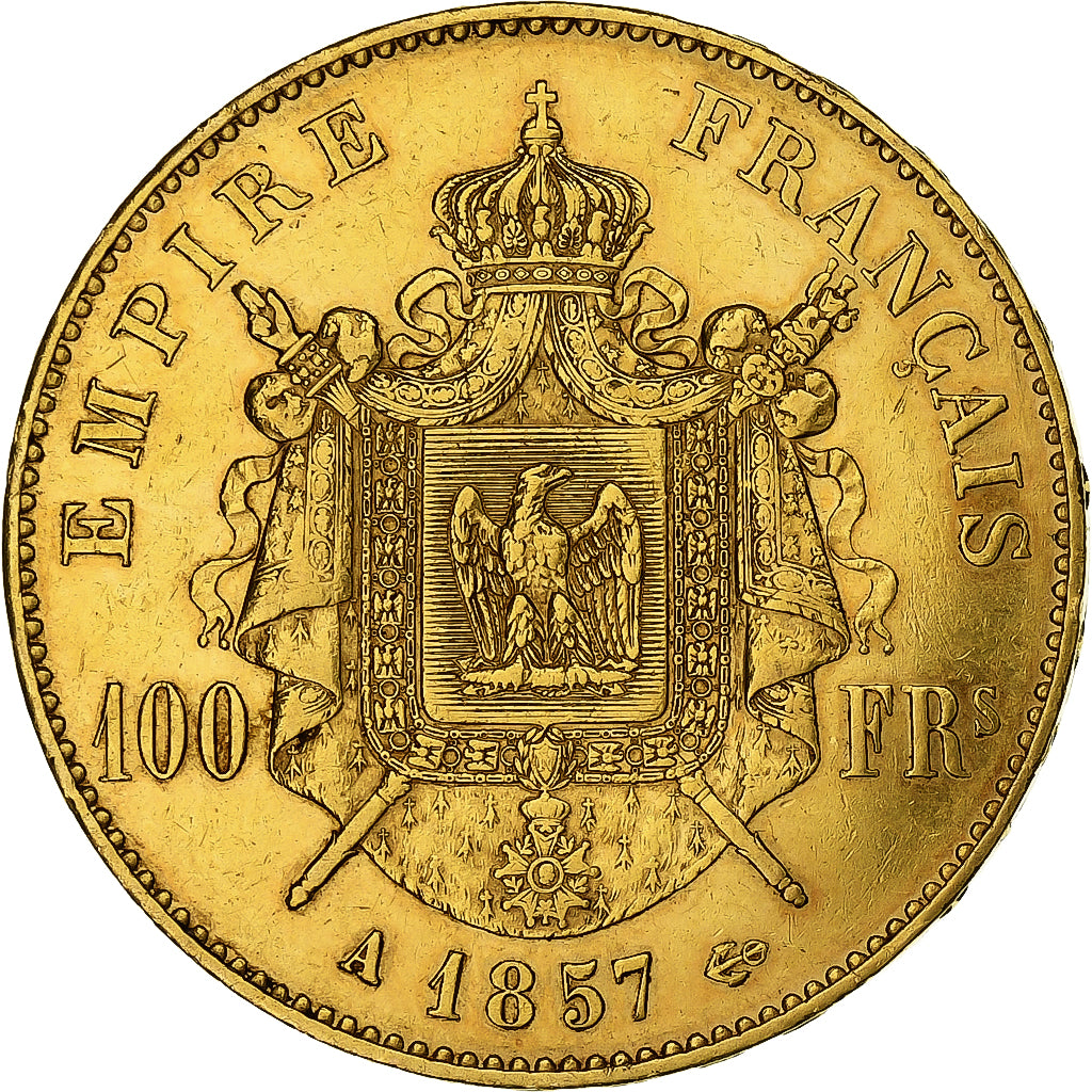 Moneta, Francia, Napoleon III, 100 Francs, 1857, Paris, BB+, Oro, KM:786.1