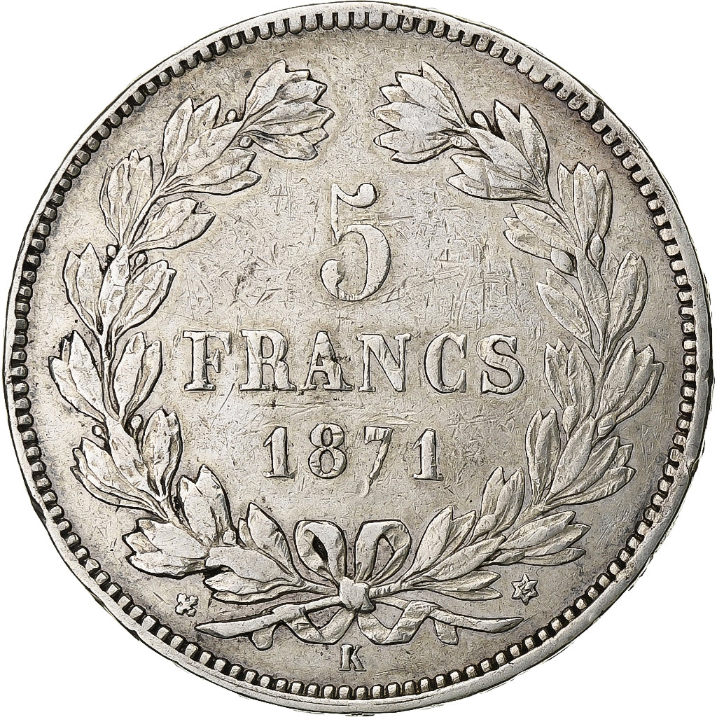 Moneta, Francia, Cérès, 5 Francs, 1871, Bordeaux, MB+, Argento, KM:818.2
