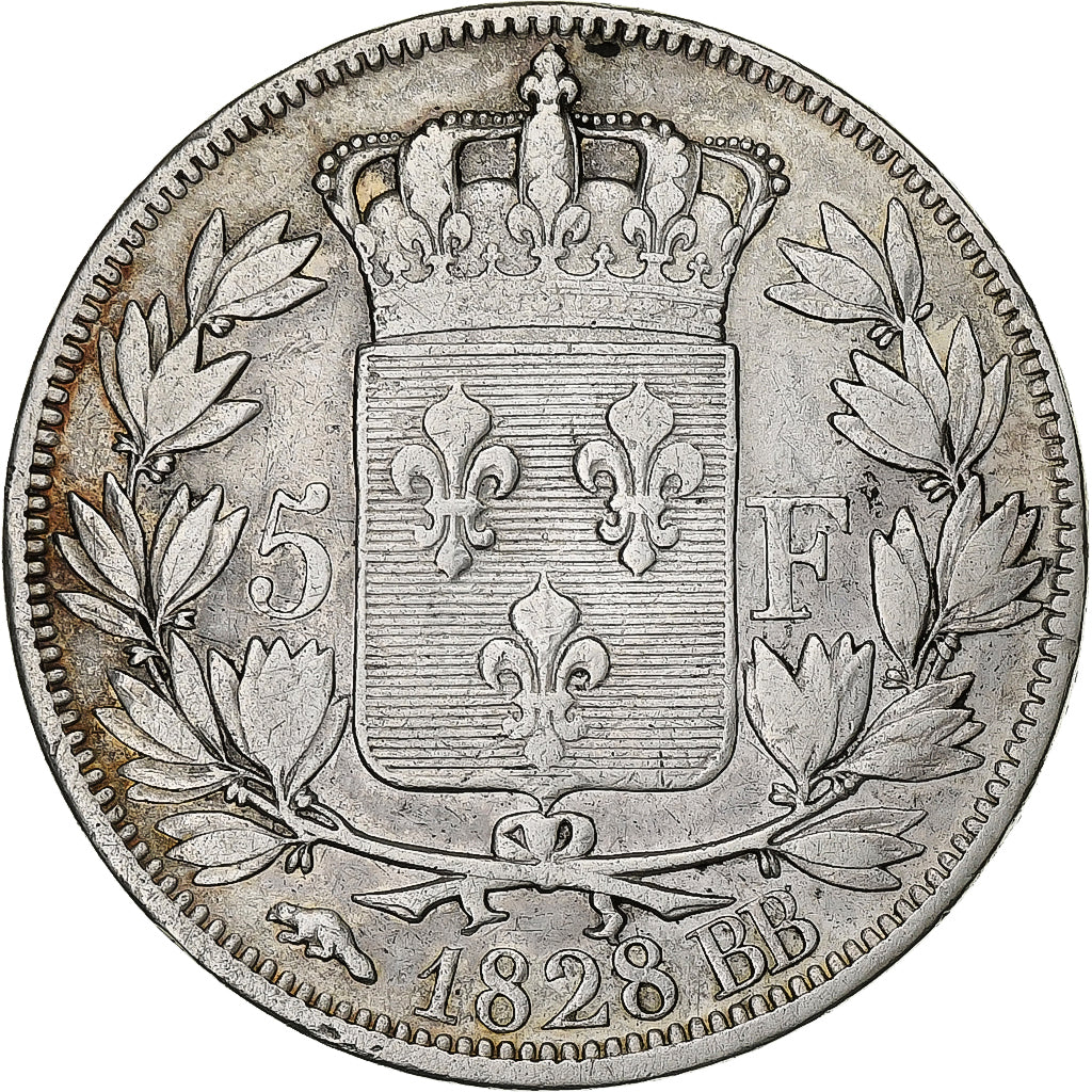 Francia, 5 Francs, Charles X, 1828, Strasbourg, Plata, BC+, KM:728.3