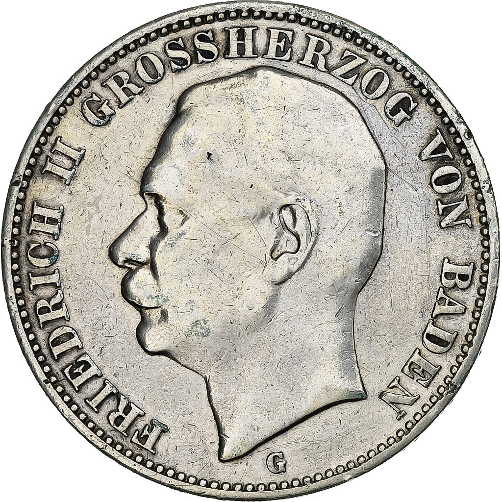 German States, BADEN, Friedrich II, 3 Mark, 1910, Stuttgart, Silver, EF(40-45)