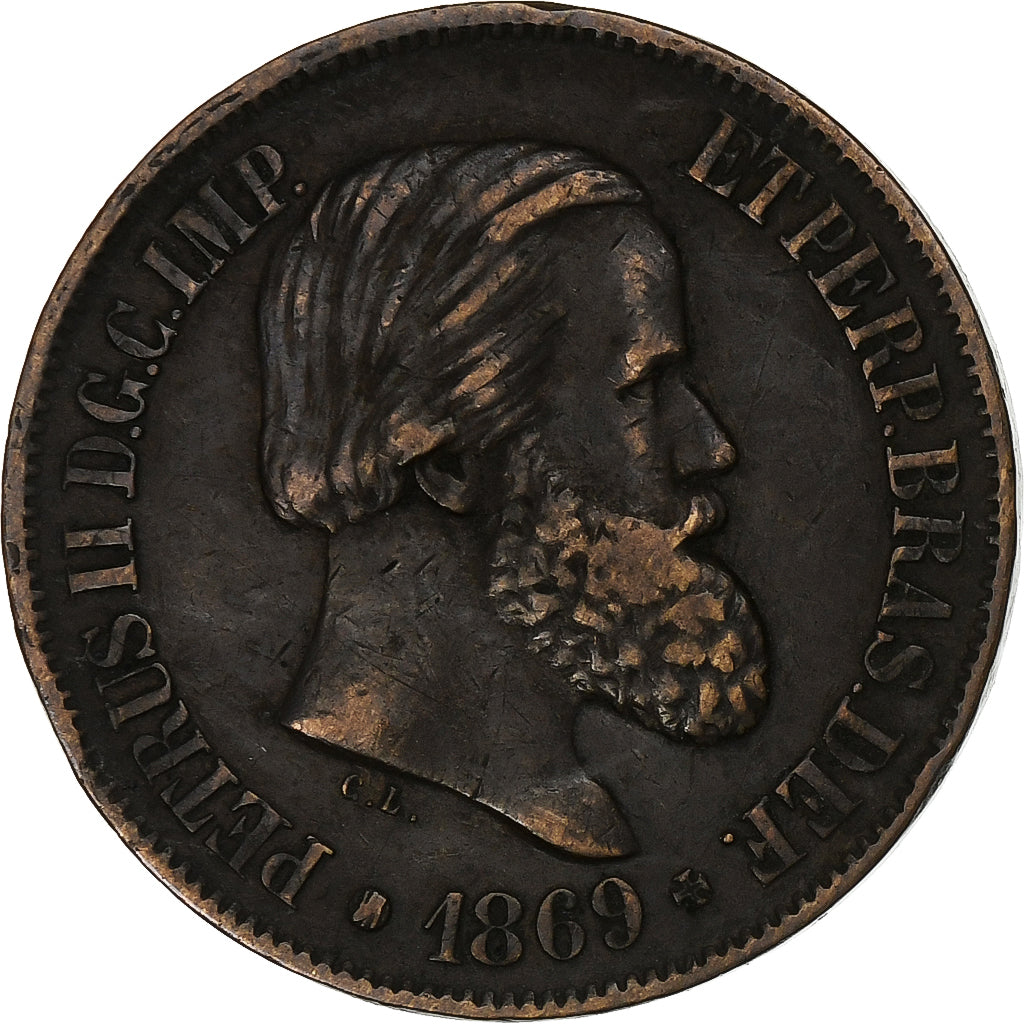 Brasil, Pedro II, 20 Reis, 1869, Brussels, Bronze, EF(40-45), KM:474