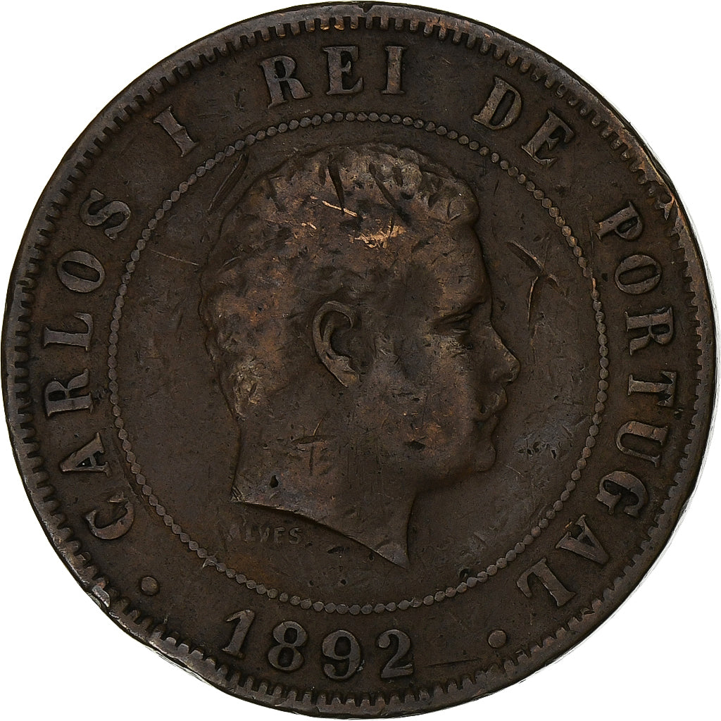 Portugal, Carlos I, 20 Reis, 1892, Bronzen, FR+, KM:533