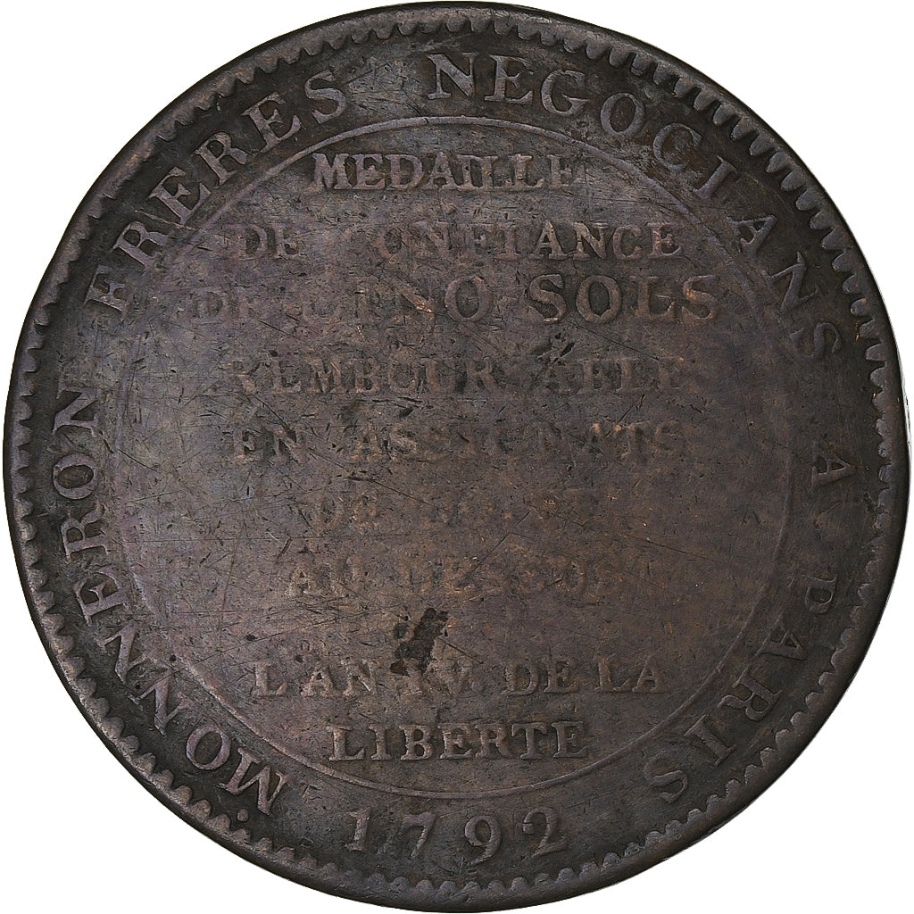 France, 5 Sols, Monneron, 1792, Birmingham, Bronze, VF(20-25), KM:Tn31