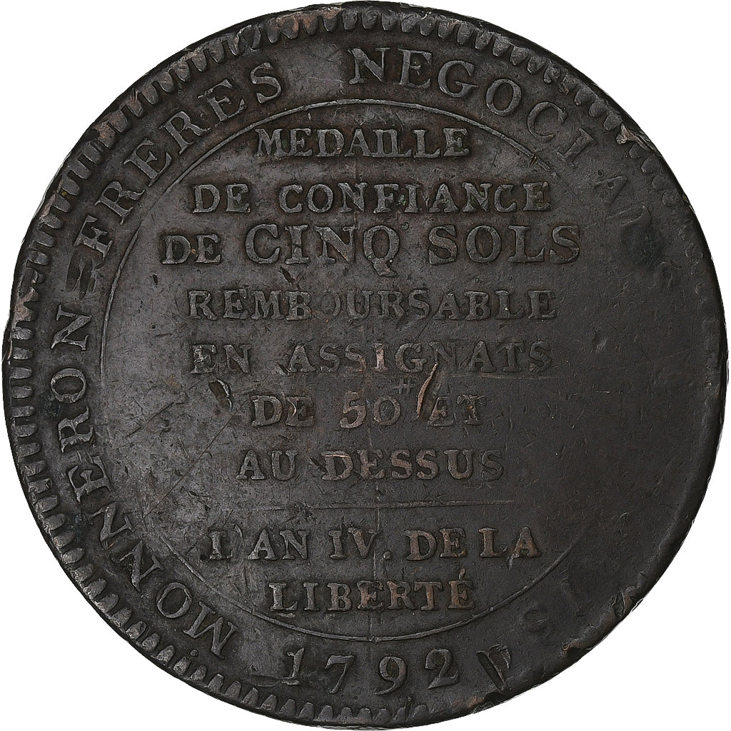 Francia, 5 Sols, Monneron, 1792, Birmingham, Bronzo, MB, KM:Tn31