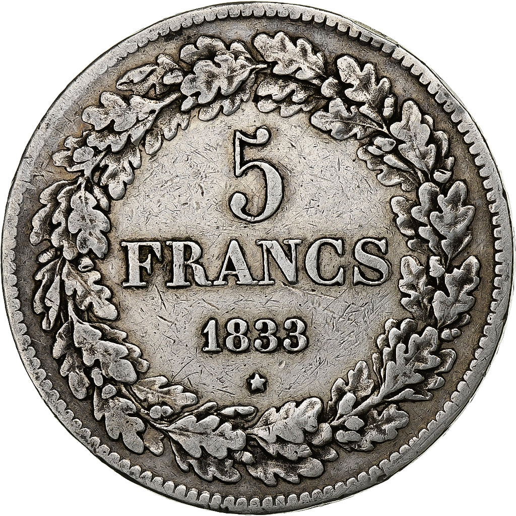 Belgio, Leopold I, 5 Francs, 5 Frank, 1833, Argento, BB, KM:3.1