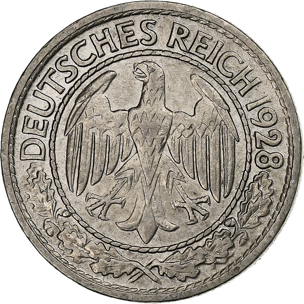 ALEMANIA - REPÚBLICA DE WEIMAR, 50 Reichspfennig, 1928, Berlin, Níquel, MBC+