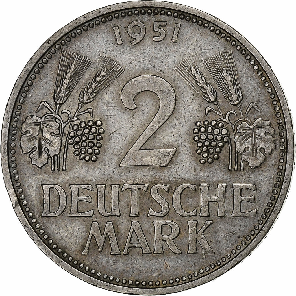 ALEMANIA - REPÚBLICA FEDERAL, 2 Mark, 1951, Munich, Cobre - níquel, MBC+