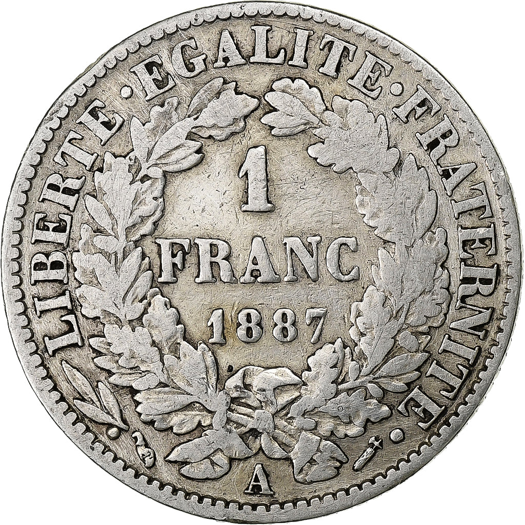 França, Franc, Cérès, 1887, Paris, Prata, VF(20-25), Gadoury:465a, KM:822.1