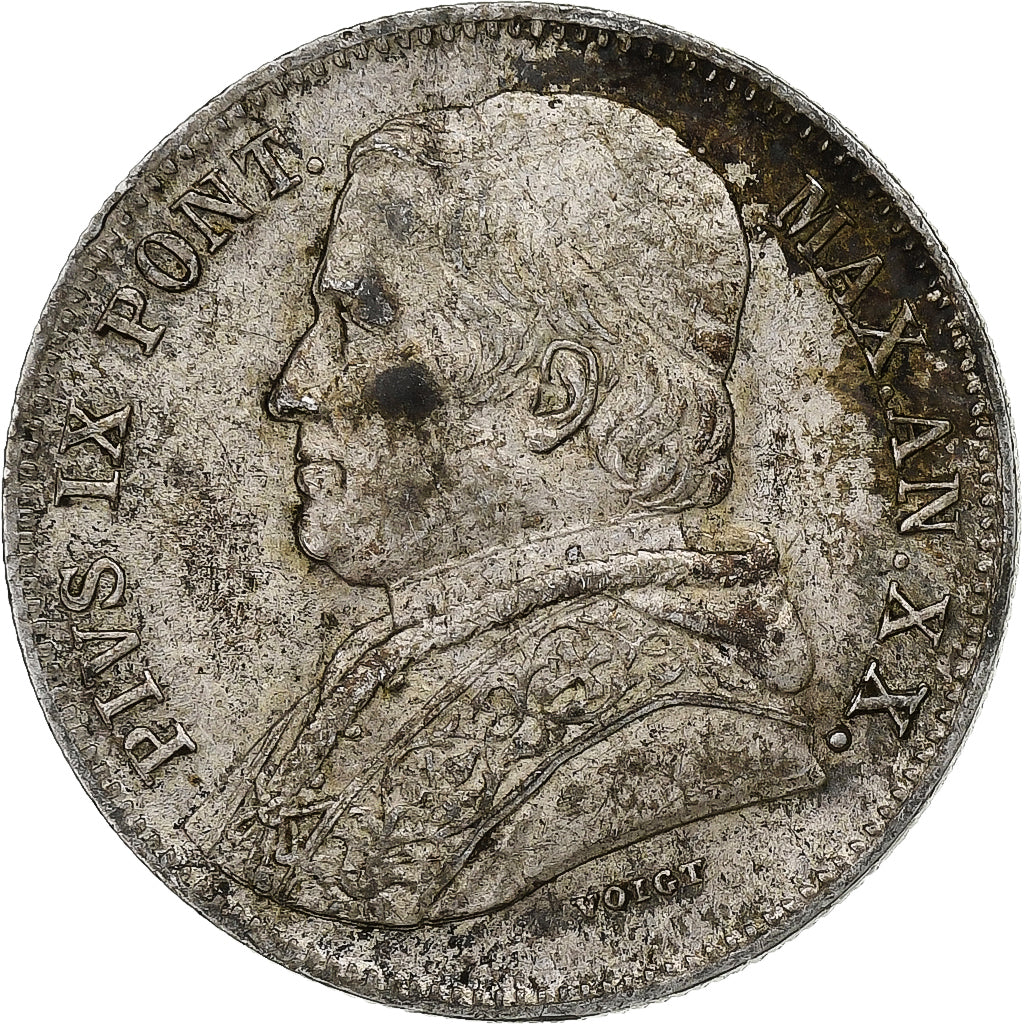 ITALIAN STATES, PAPAL STATES, Pius IX, 20 Baiocchi, 1865, Rome, Silver