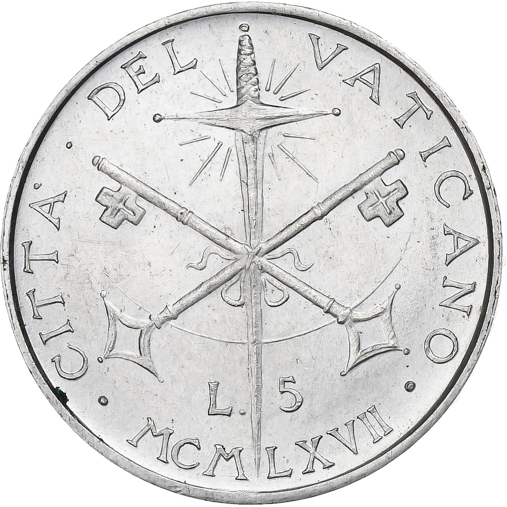 CIDADE DO VATICANO, Paul VI, 5 Lire, 1967, Alumínio, MS(60-62), KM:94