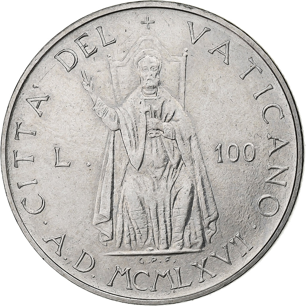 Cité du Vatican, Paul VI, 100 Lire, 1967, Acier inoxydable, TTB+, KM:98