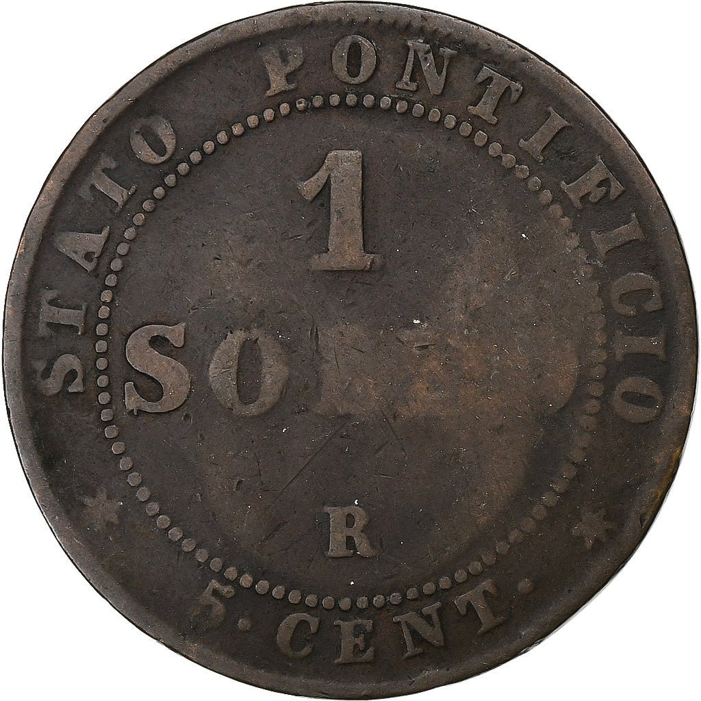 ITALIAN STATES, PAPAL STATES, Pius IX, Soldo, 5 Centesimi, 1866, Rome, Copper