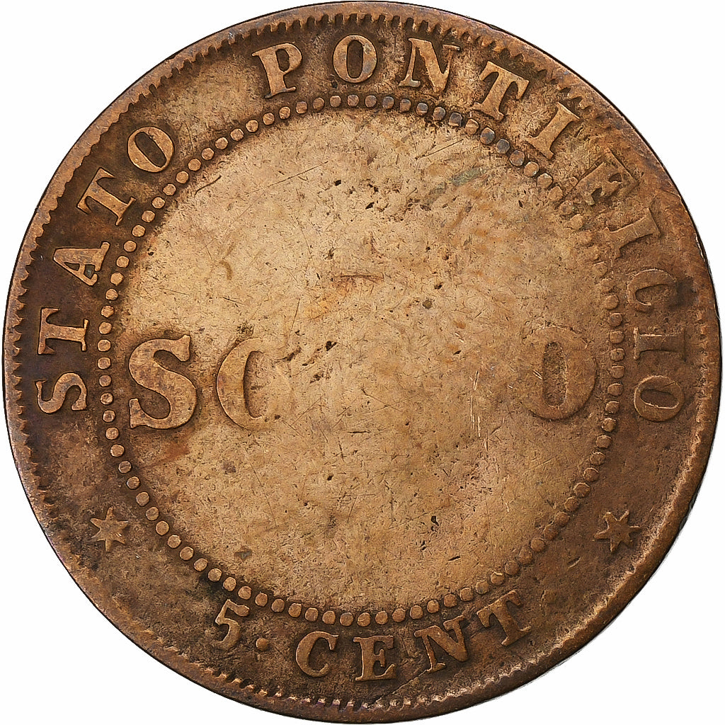 ITALIAN STATES, PAPAL STATES, Pius IX, Soldo, 5 Centesimi, 1867, Rome, Copper