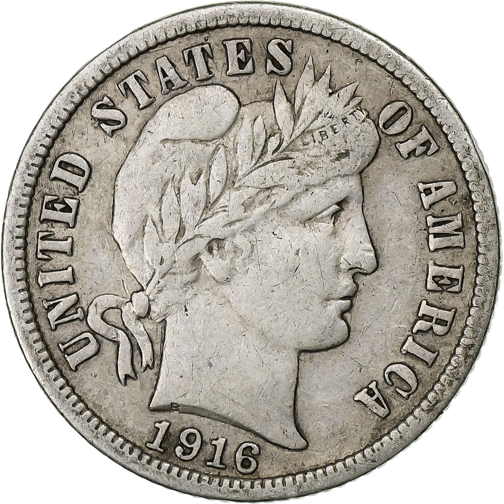 United States, Dime, Barber Dime, 1916, U.S. Mint, Silver, AU(50-53), KM:113