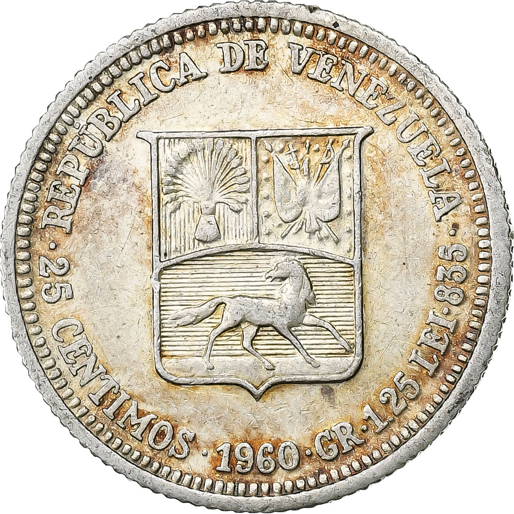 Coin, Venezuela, 25 Centimos, 1960, AU(50-53), Silver, KM:35a