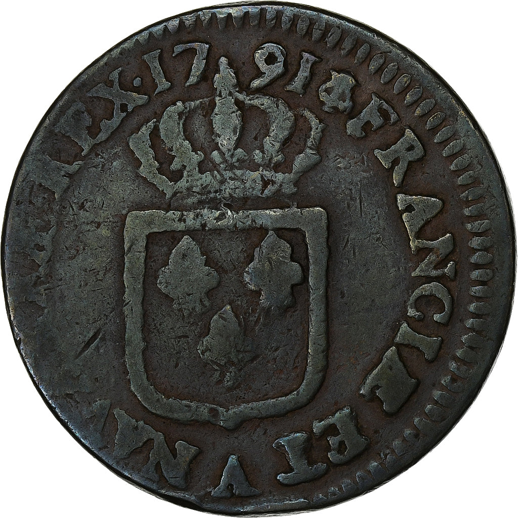 França, Louis XVI, Sol, 1791, Paris, Cobre, VF(20-25), Gadoury:350, KM:578.1
