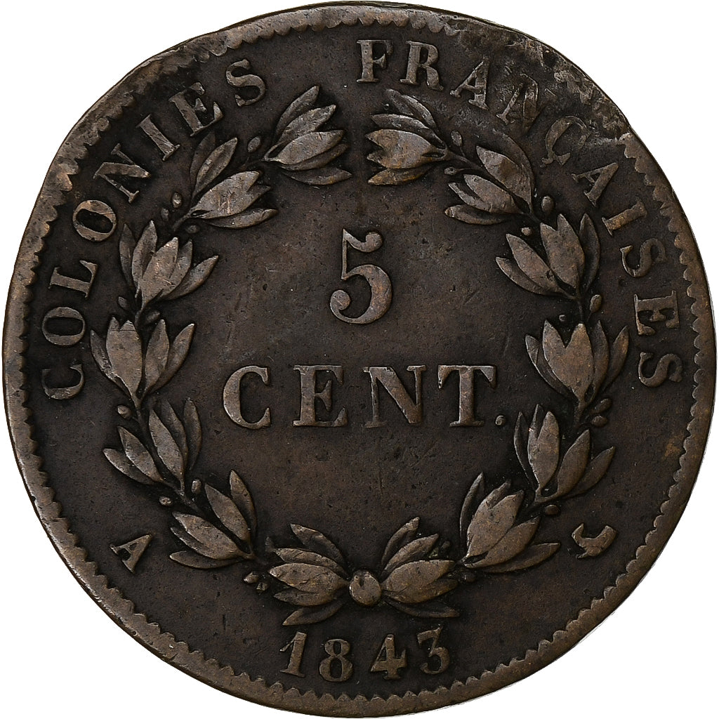 FRENCH COLONIES, Louis - Philippe, 5 Centimes, 1843, Paris, Bronze, VF(20-25)