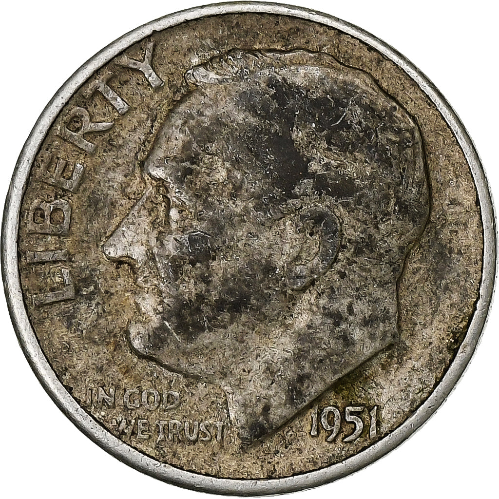 Monnaie, États-Unis, Roosevelt Dime, Dime, 1951, U.S. Mint, Philadelphie, TB+