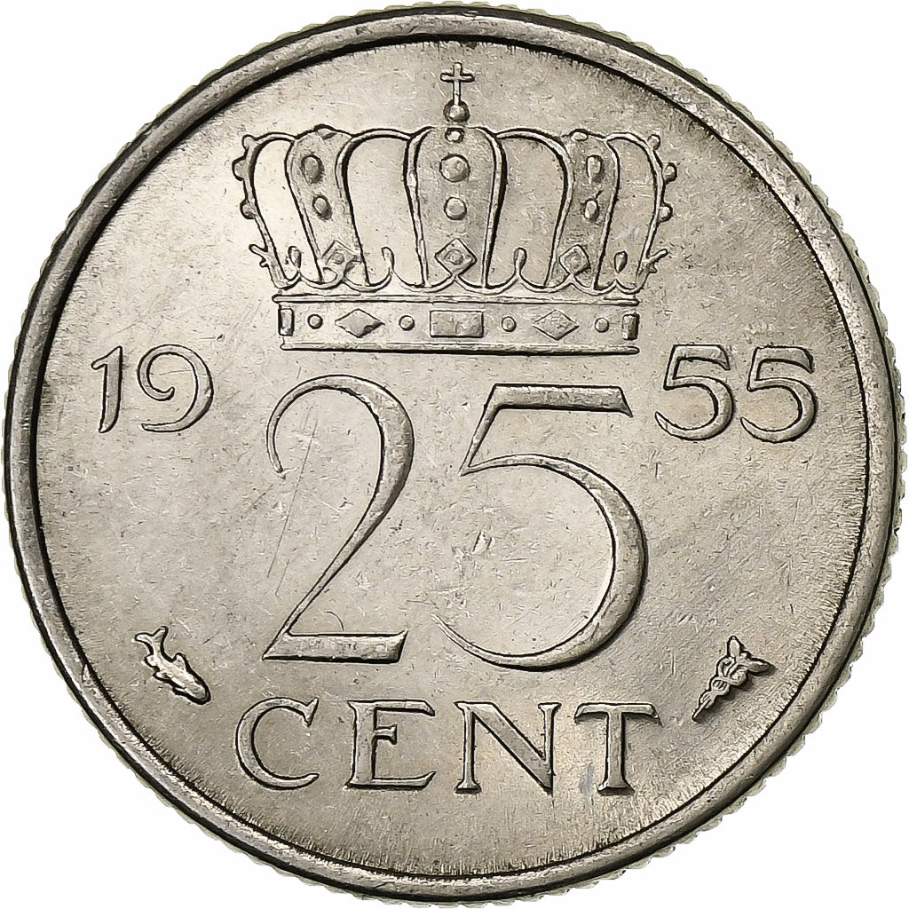 Netherlands, Juliana, 25 Cents, 1955, Nickel, AU(50-53), KM:183