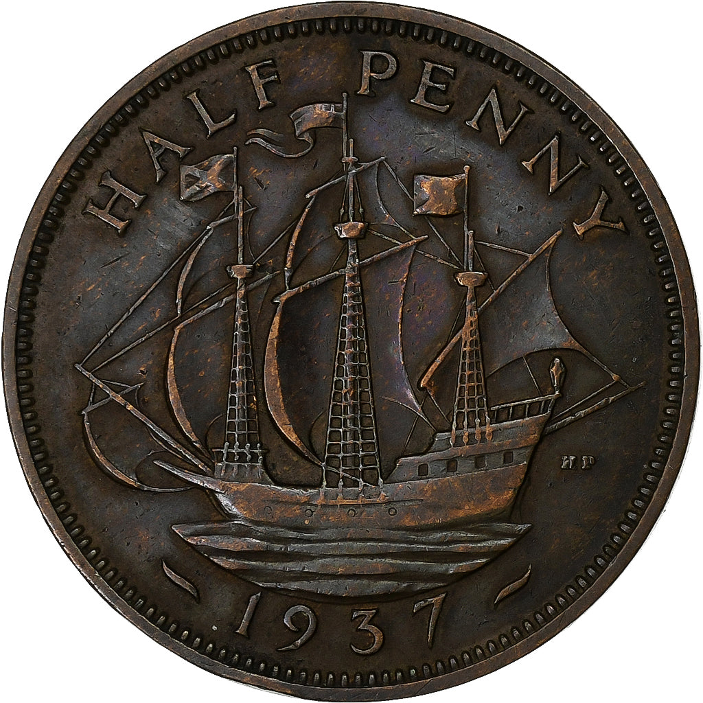 Moeda, Grã-Bretanha, George VI, 1/2 Penny, 1937, EF(40-45), Bronze, KM:844
