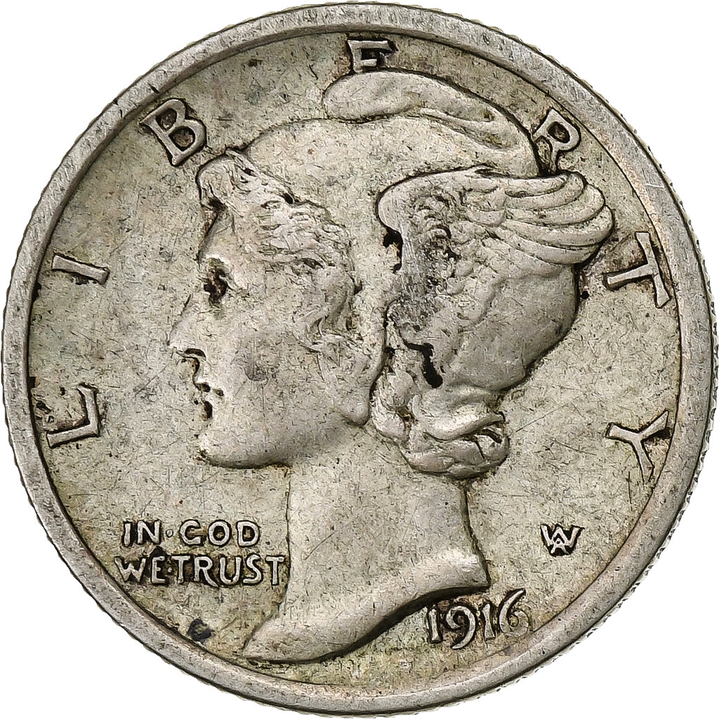 United States, Dime, Mercury Dime, 1916, U.S. Mint, Silver, EF(40-45), KM:140