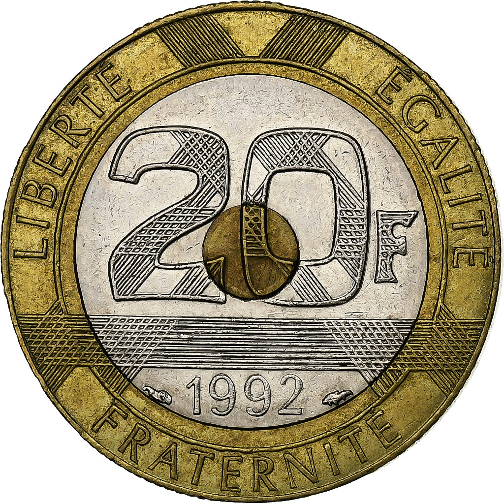 France, 20 Francs, Mont Saint Michel, 1992, V Ouvert, Tri-Metallic, EF(40-45)