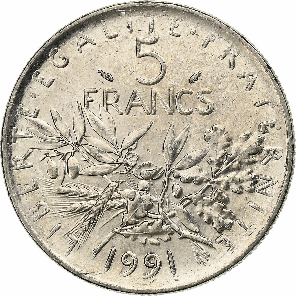 Francia, 5 Francs, Semeuse, 1991, Paris, Nichel placcato rame-nichel, BB+