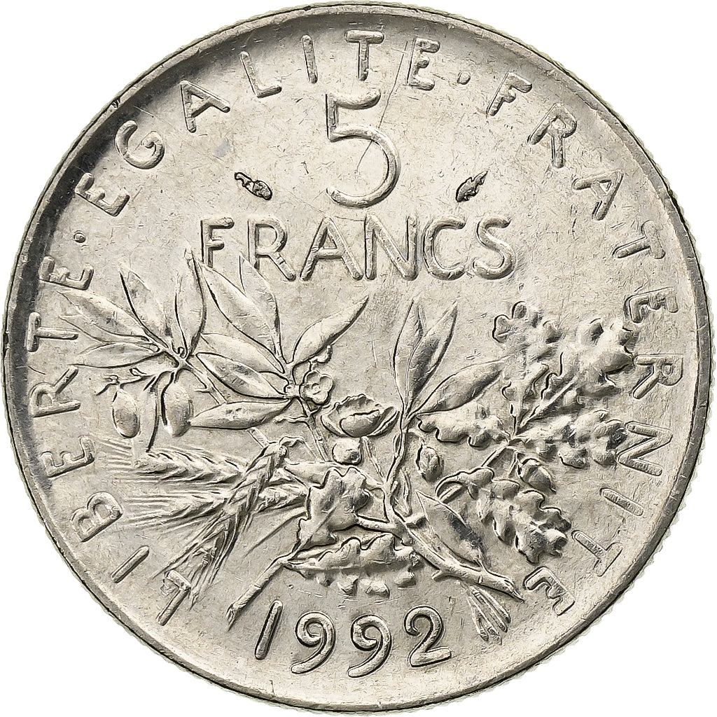 France, 5 Francs, Semeuse, 1992, Paris, Nickel Clad Copper-Nickel, TTB