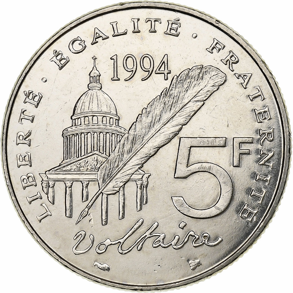 Francja, 5 Francs, Voltaire, 1994, Nikiel, AU(50-53), Gadoury:775, KM:1063