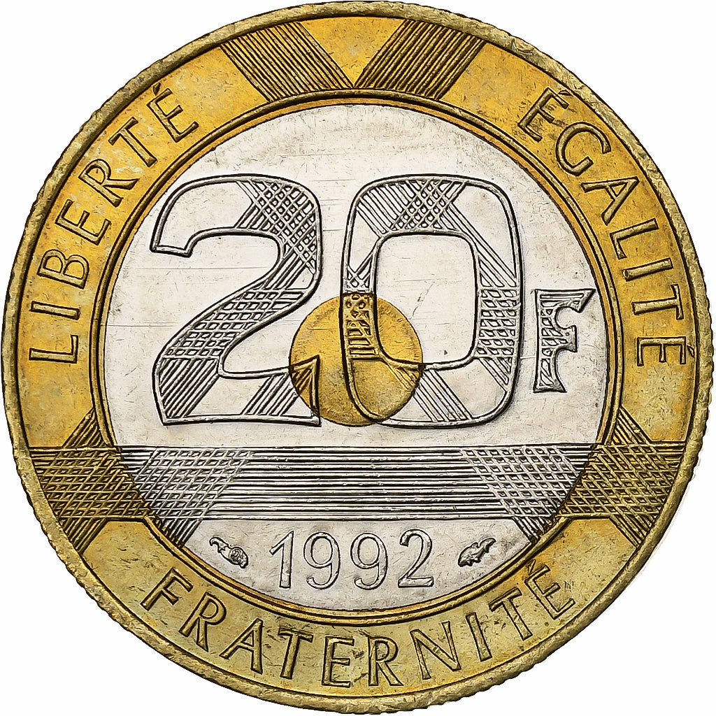 France, 20 Francs, Mont Saint Michel, 1992, Tri-Metallic, AU(55-58)