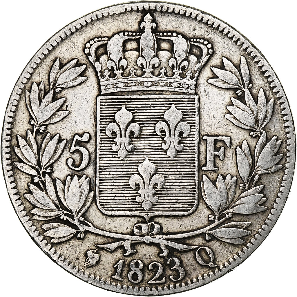 France, 5 Francs, Louis XVIII, 1823, Perpignan, Argent, TB, Gadoury:614