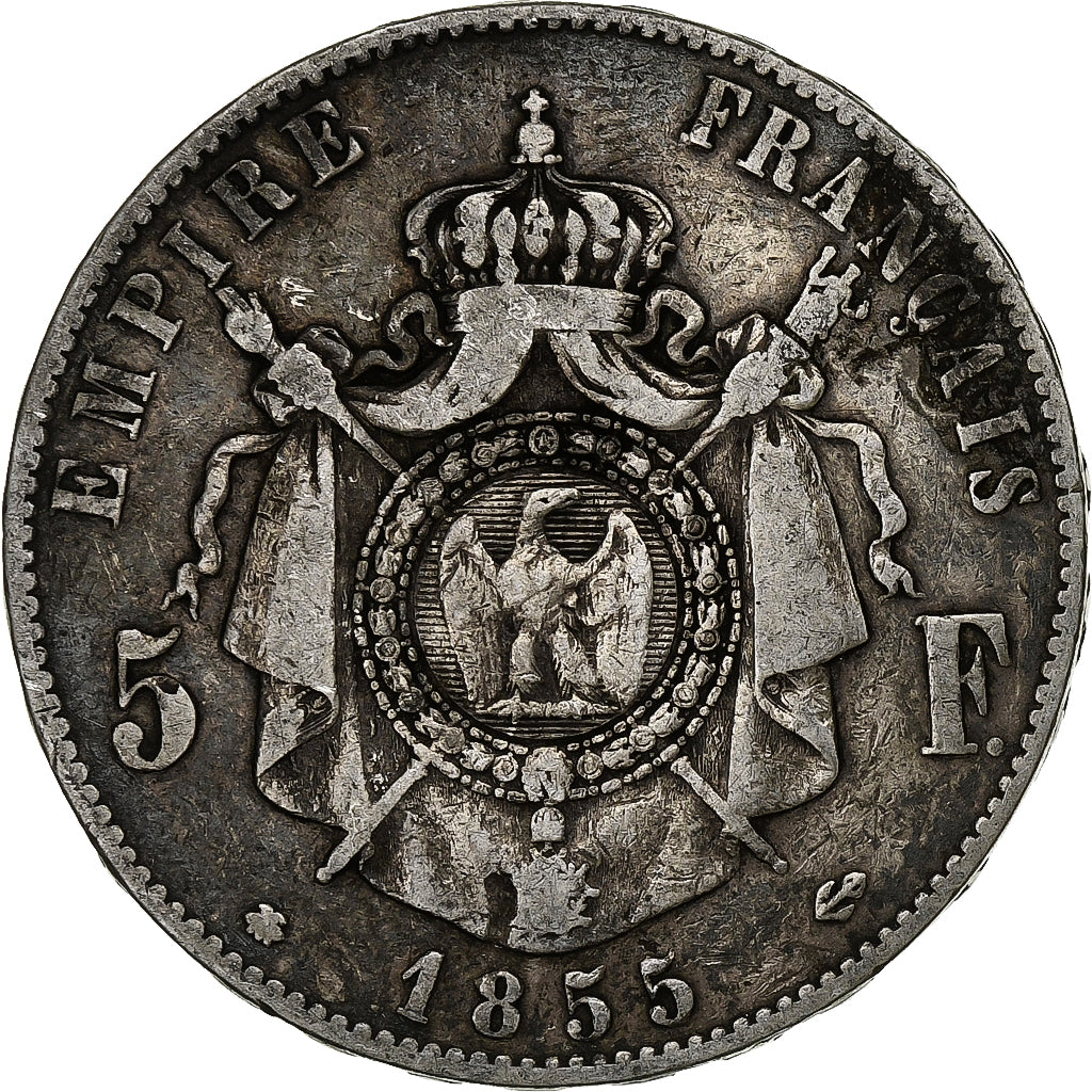 France, Napoleon III, 5 Francs, Napoléon III, 1855, Strasbourg, Silver