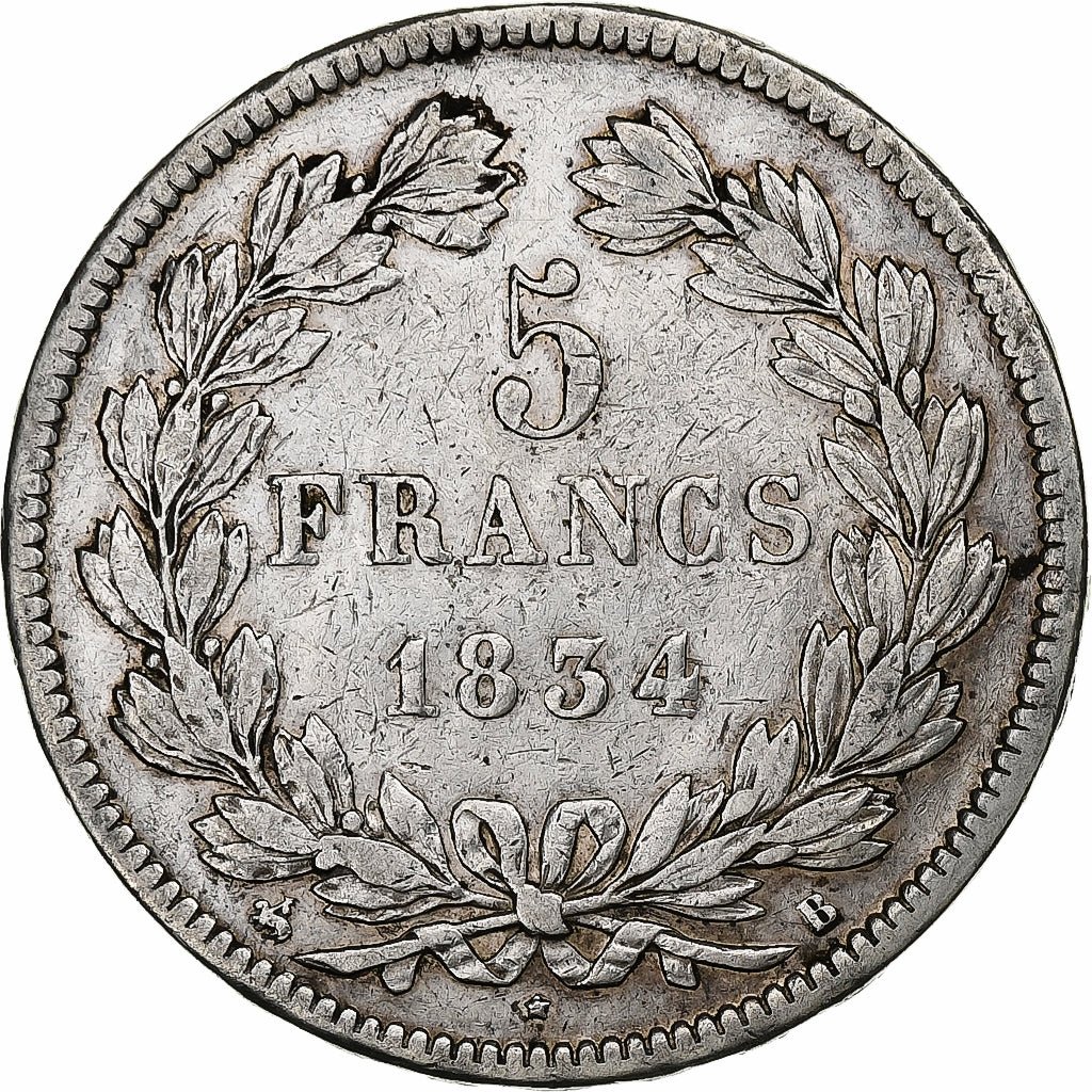 France, 5 Francs, Louis-Philippe, 1834, Rouen, Silver, VF(30-35), Gadoury:678