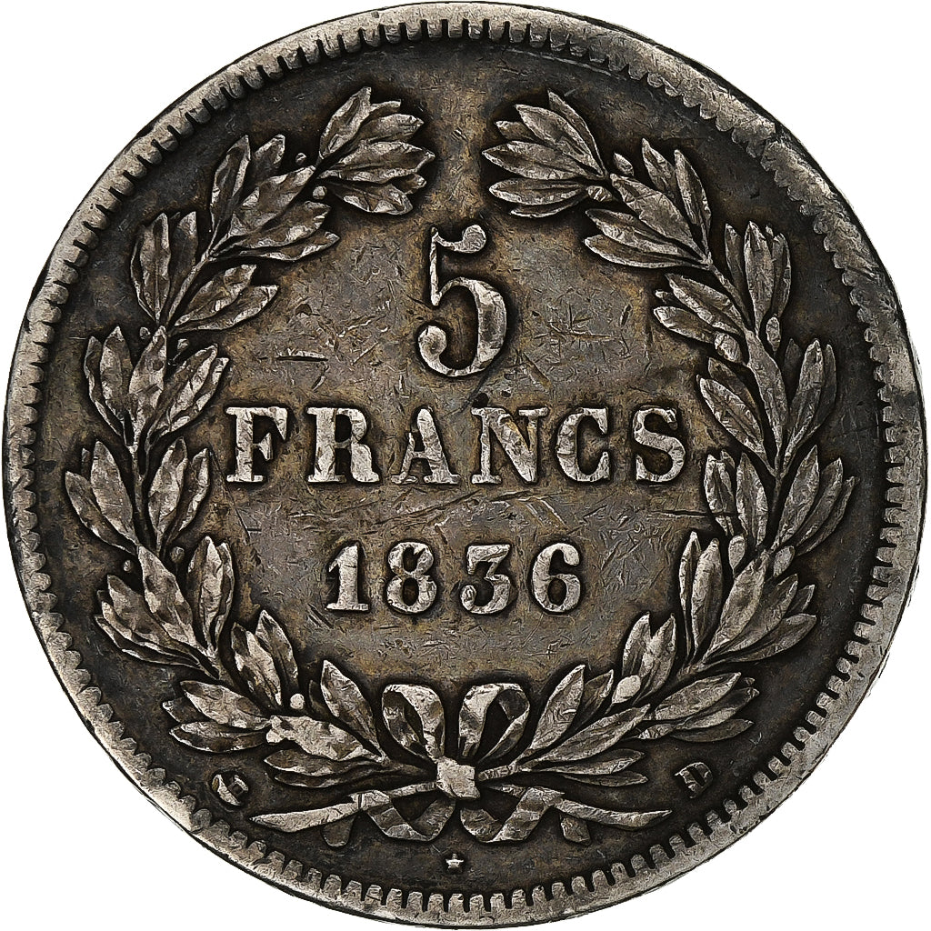 Moneta, Francia, Louis-Philippe, 5 Francs, 1836, Lyon, MB, Argento, KM:749.4