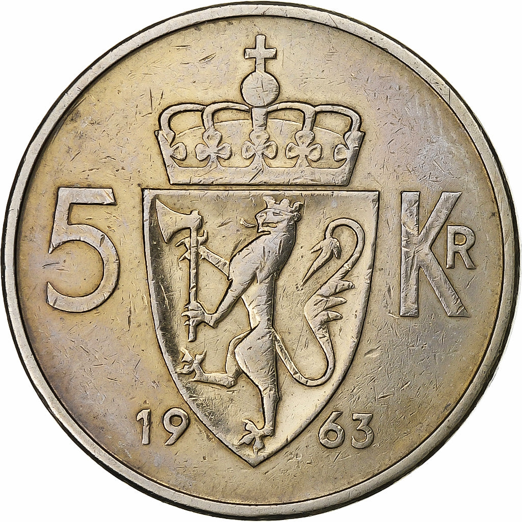 Norvegia, Olav V, 5 Kroner, 1963, Rame-nichel, BB, KM:412