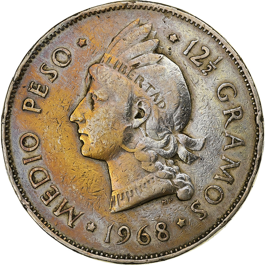 République Dominicaine, 1/2 Peso, 1968, Cupro-nickel, TB+, KM:21a.1