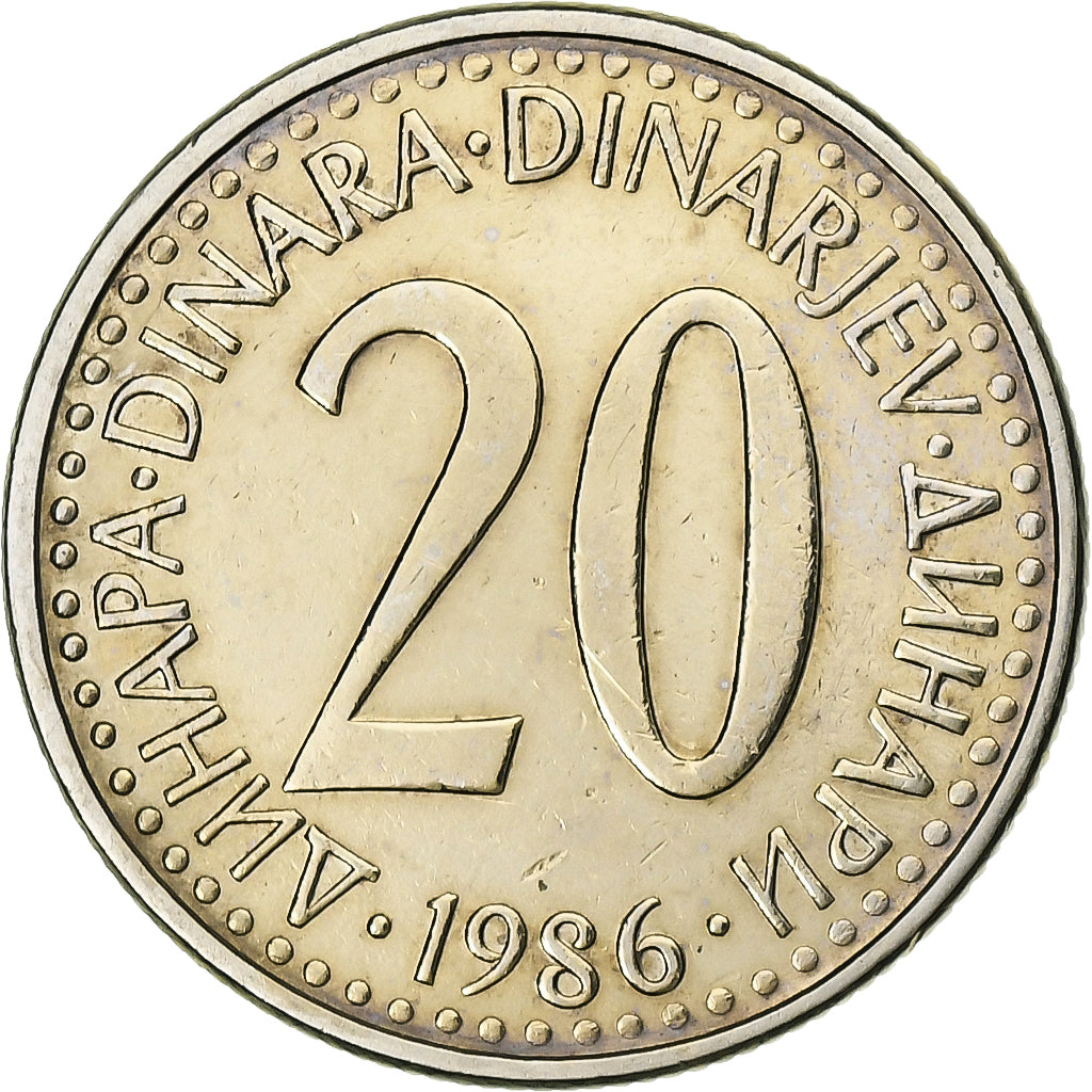Yugoslavia, 20 Dinara, 1986, Copper-Nickel-Zinc, VF(30-35), KM:112