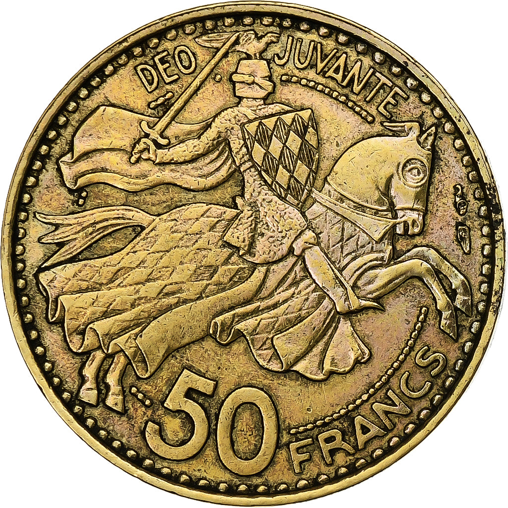Mónaco, 50 Francs, 1950, Alumínio-Bronze, VF(30-35)