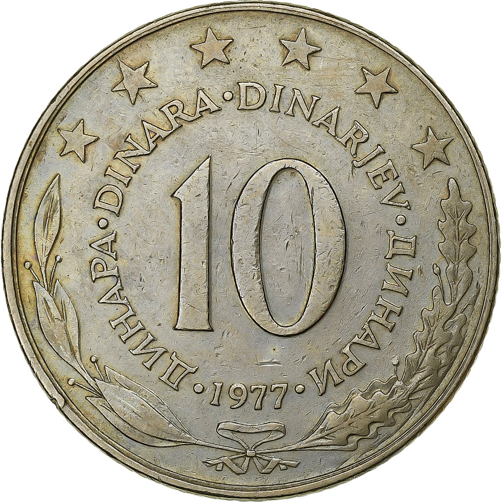Jugosławia, 10 Dinara, 1977, Miedź-Nikiel, EF(40-45), KM:62