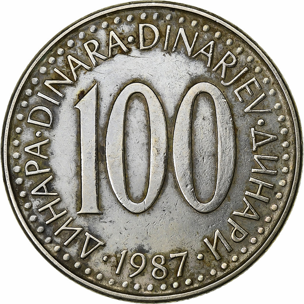 Yugoslavia, 100 Dinara, 1987, Cobre - níquel - cinc, BC+, KM:114