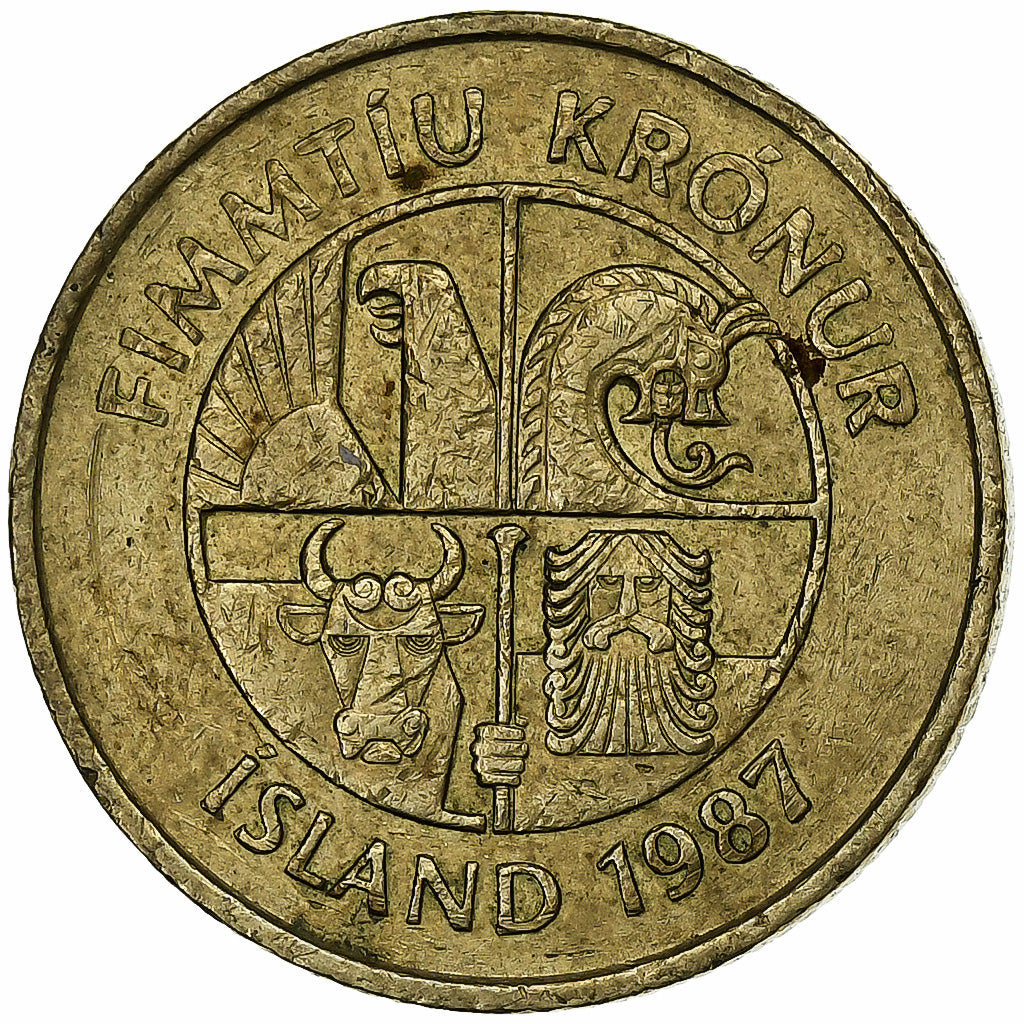 Iceland, 50 Kronur, 1987, Nickel-brass, VF(30-35), KM:31