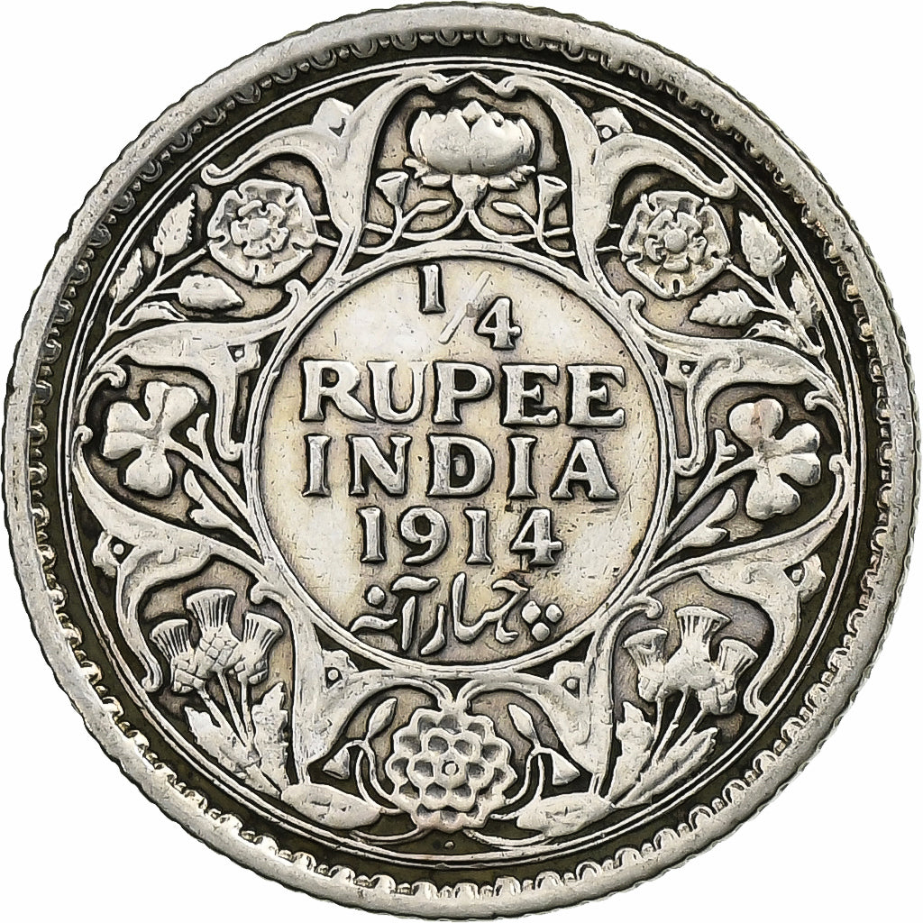 British India, George V, 1/4 Rupee, 1914, Calcutta, Silver, VF(30-35), KM:518